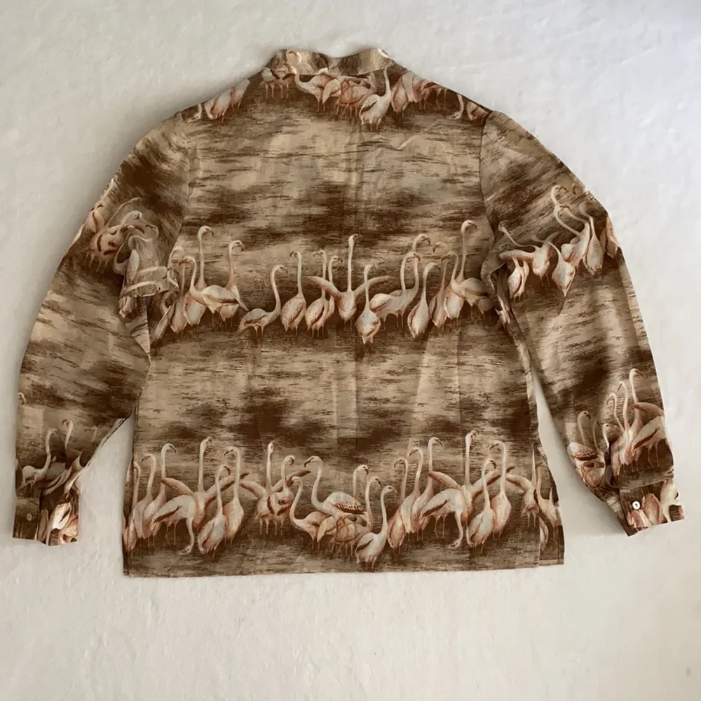 {VTG} Alex Colman Sportswear | 70s Flamingo Print Lightweight LS Pullover Blouse - Picture 10 of 16